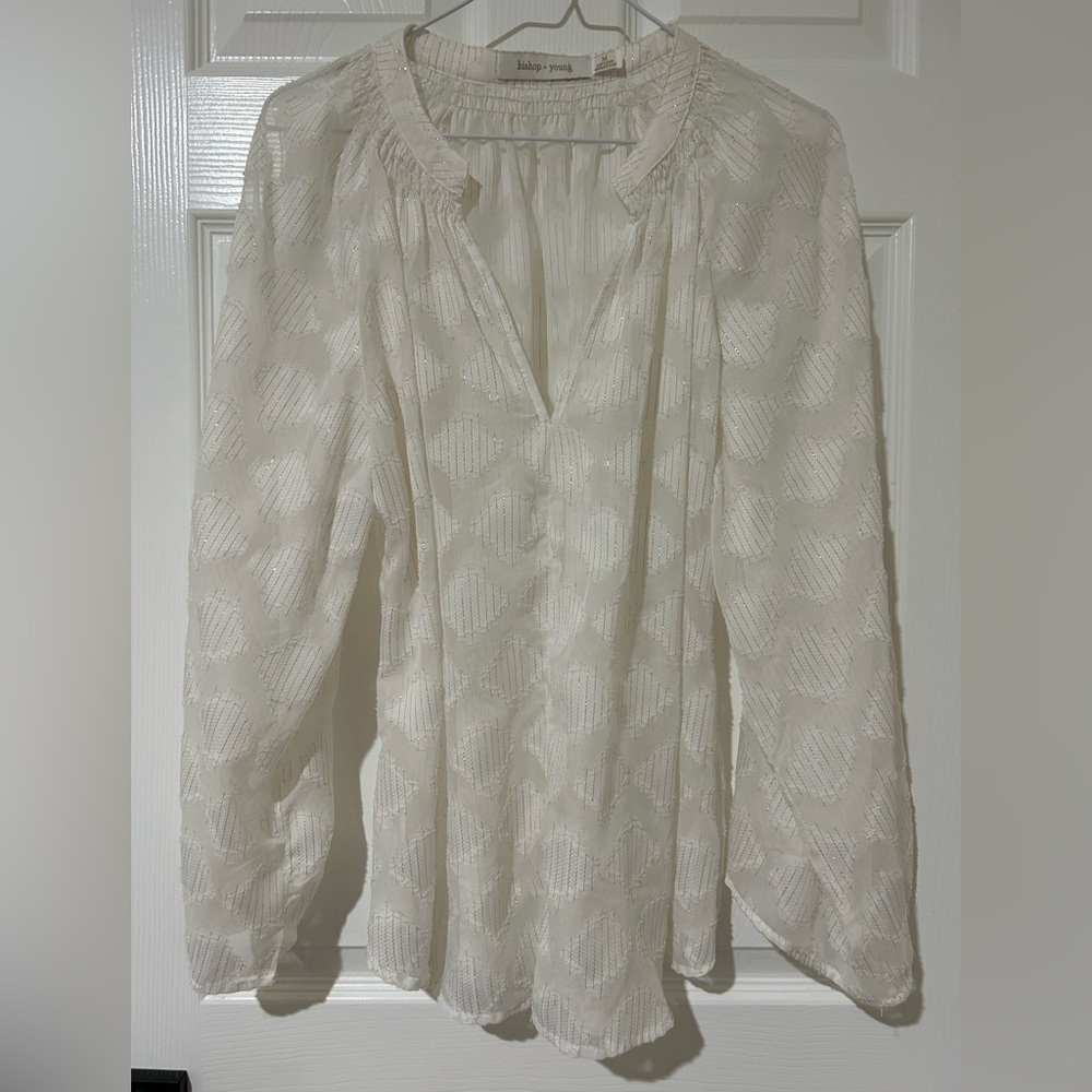 Bishop + Young Sheer V- Neck Long Sleeve white long flowy sleeve metallic gold